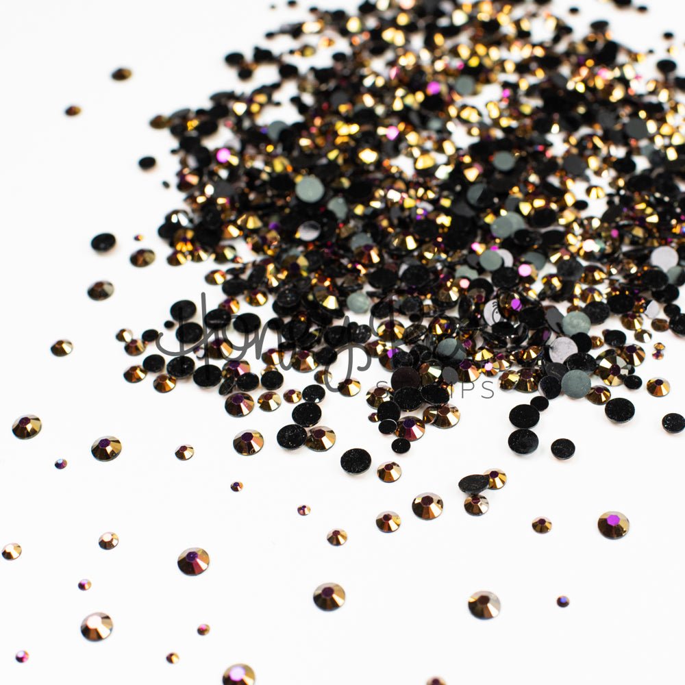 Foundry - Flat Back Rhinestone Purple and Gold Shimmer on Black Mix 2mm to 5mm size - Honey Bee Stamps