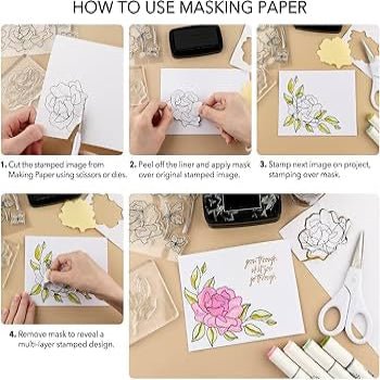 Step-by-step guide on using Inkadinkado stamping mask paper for layered floral designs.