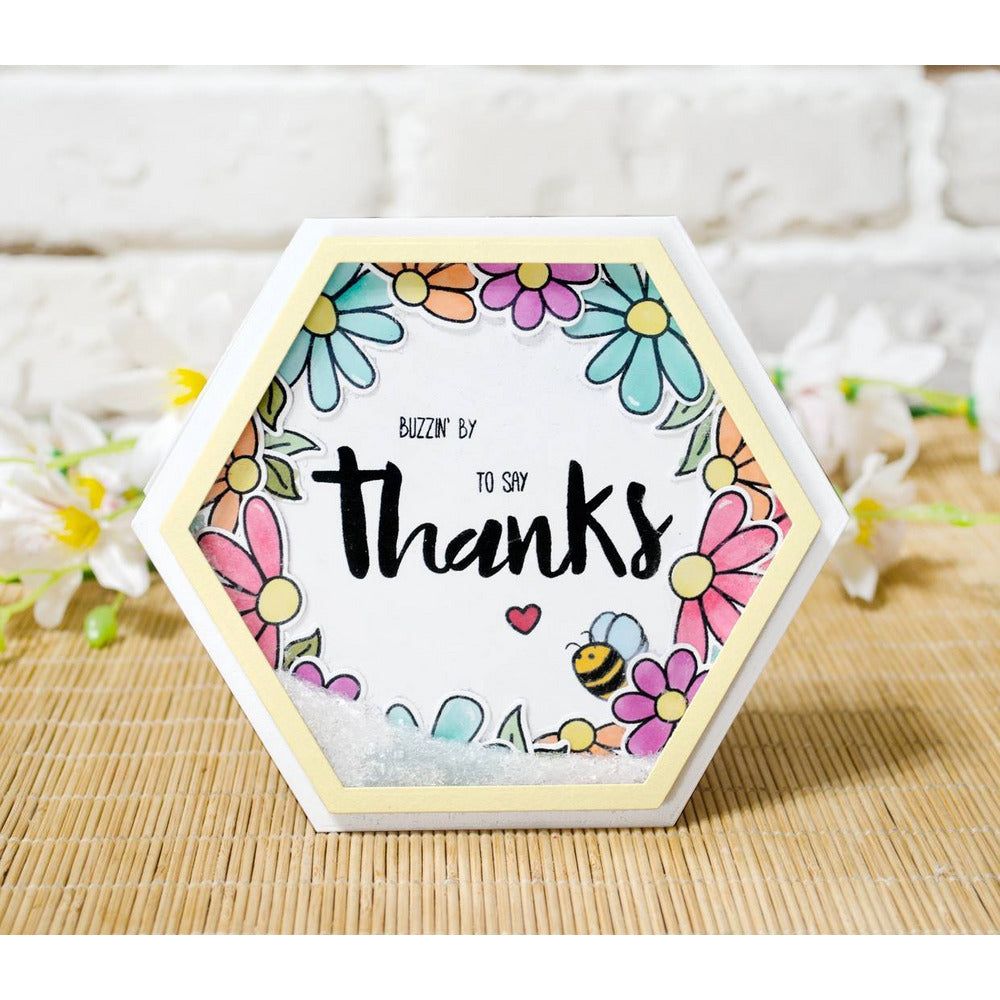 Hexagon handmade thank you card with colorful flowers and a cute bee illustration.