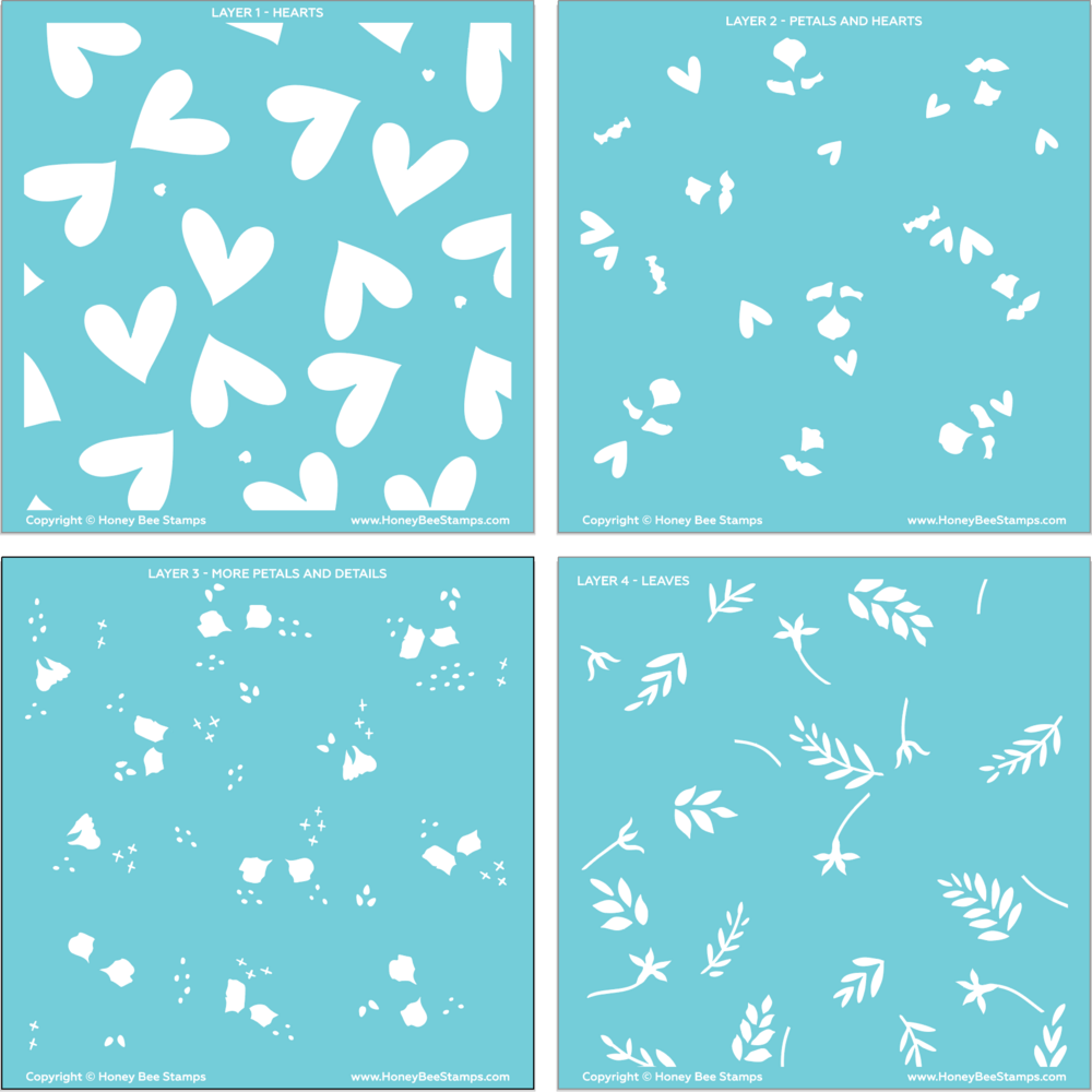 Hearts In Bloom - Set of 4 - 6"x6" Layering Background Stencils - Honey Bee Stamps