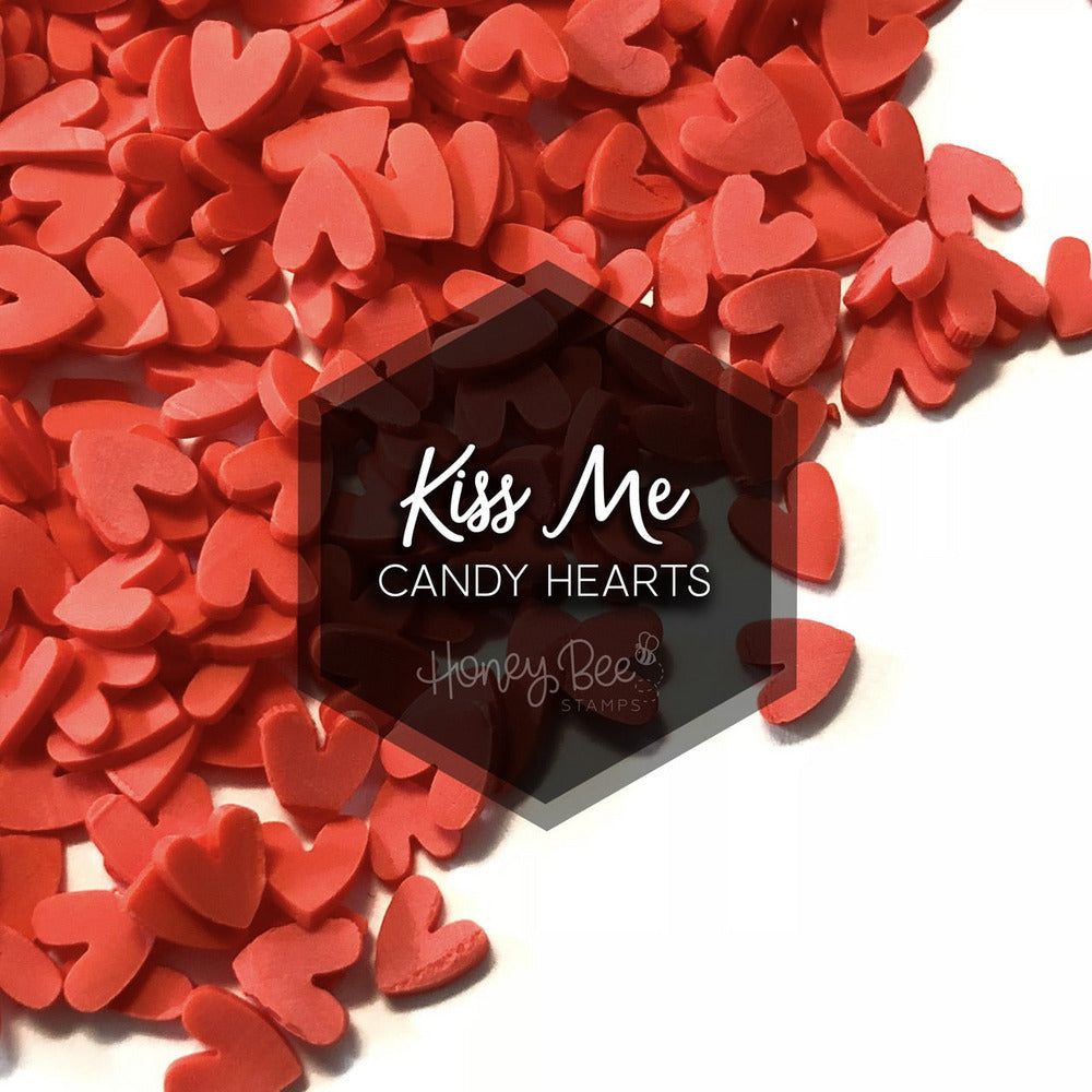 Red clay heart embellishments from Honey Bee Stamps with Kiss Me candy hearts label
