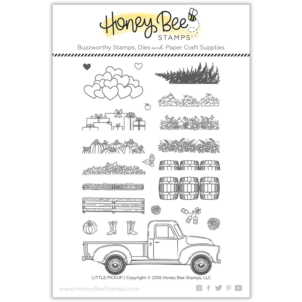 Honey Bee Stamps Little Pickup photopolymer stamp set featuring a vintage truck and autumn motifs.