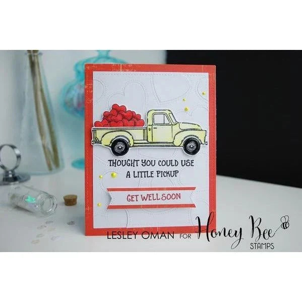 Handmade get well soon card featuring a Honey Bee Stamps yellow pickup truck filled with red hearts.