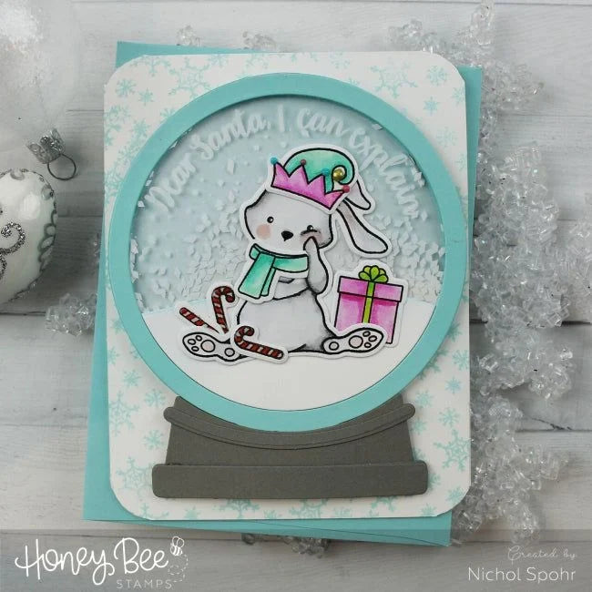 Honey Bee Stamps snow globe shaker card featuring a cute bunny with a crown and candy canes.