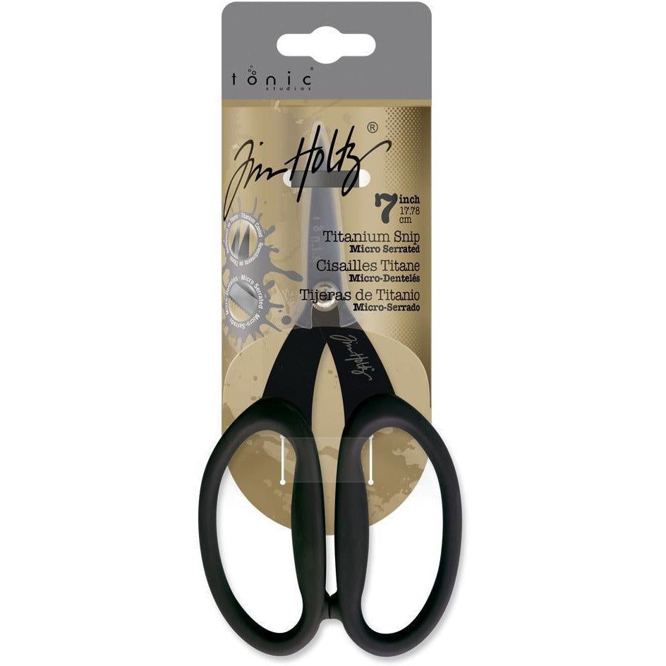 Tonic: Tim Holtz 7 inch Titanium Micro Serrated Kushgrip Snip Scissors in packaging