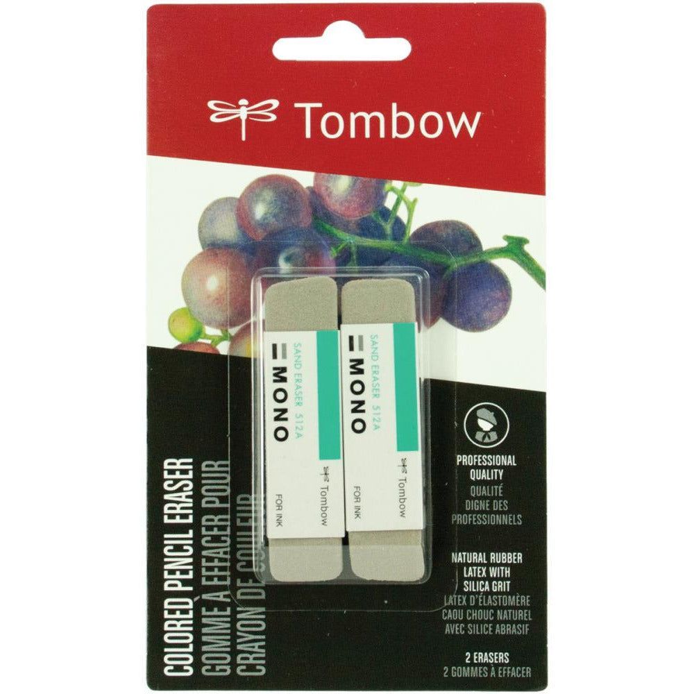 Two Tombow Mono Sand Erasers for colored pencil and ink in a retail pack.
