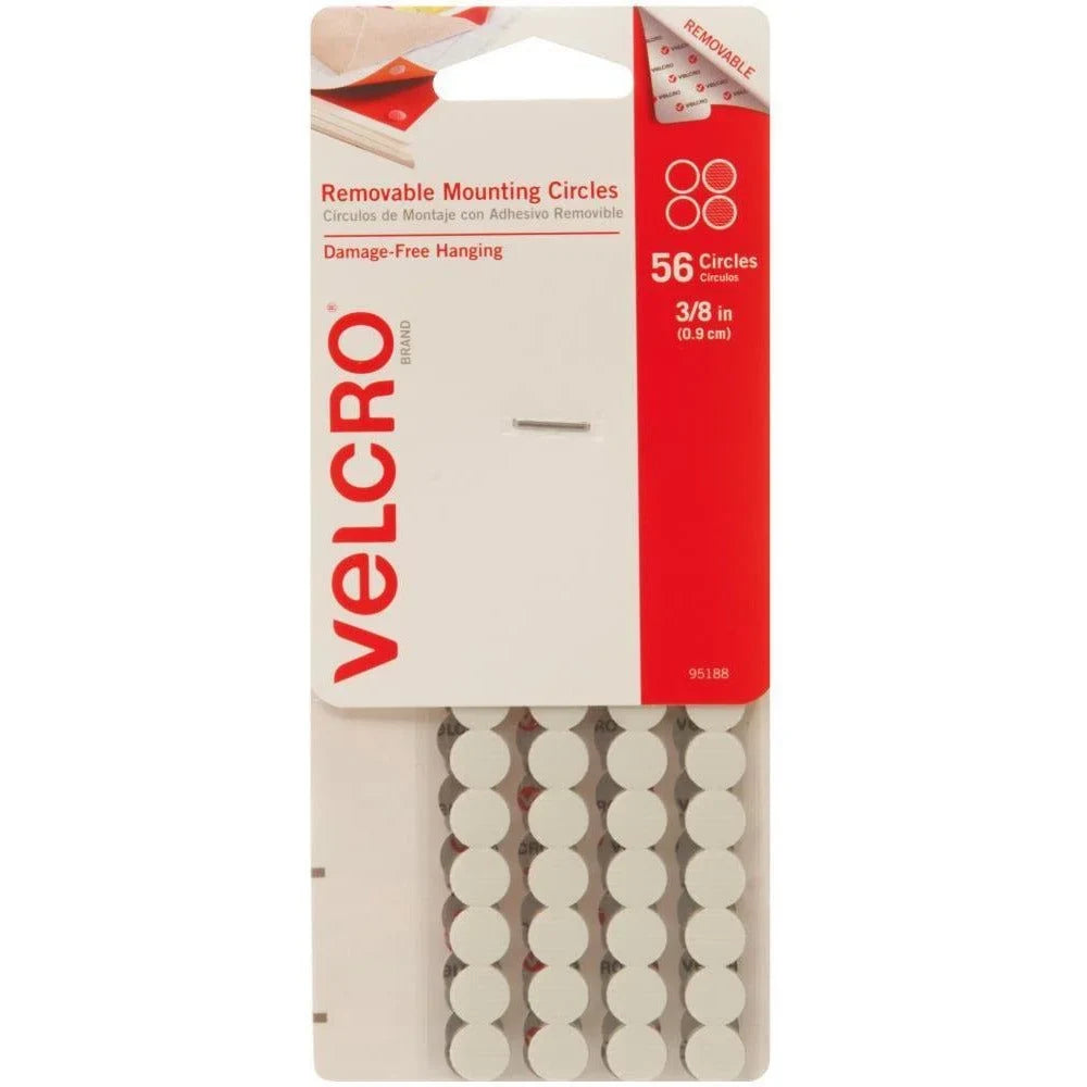 Package of 56 Velcro brand small 3/8 inch white removable mounting circles.