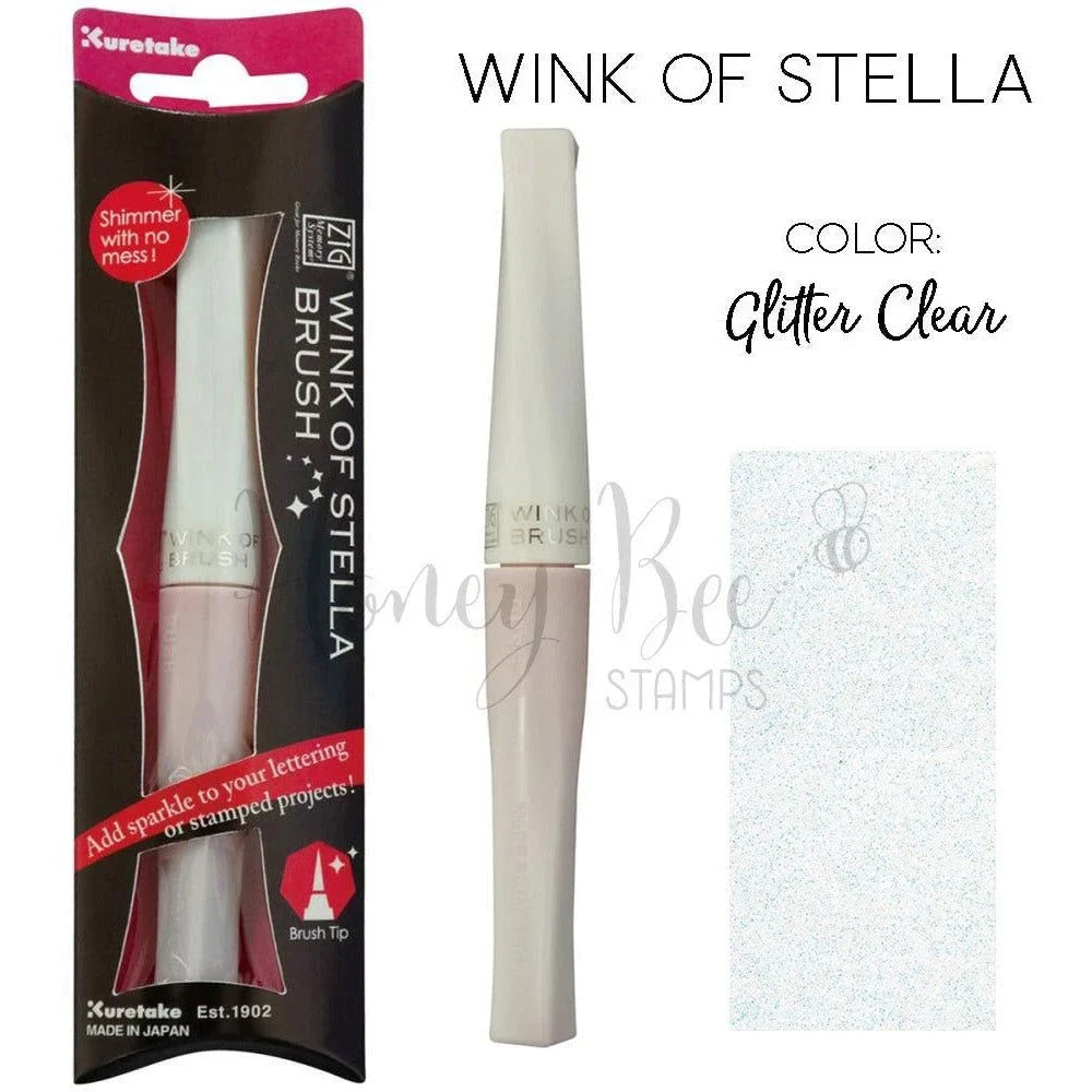 Kuretake ZIG Wink of Stella Brush Tip Pen in Glitter Clear with packaging and swatch.
