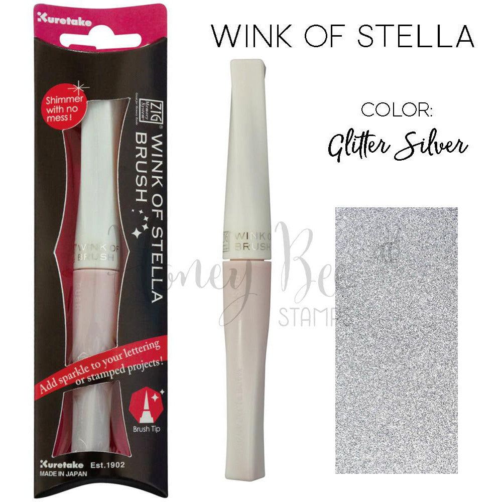 Kuretake ZIG Wink of Stella Glitter Silver brush tip pen with a silver glitter swatch.