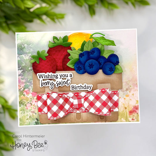 Handmade birthday card featuring a 3D berry basket with strawberries, blueberries, and a red bow.