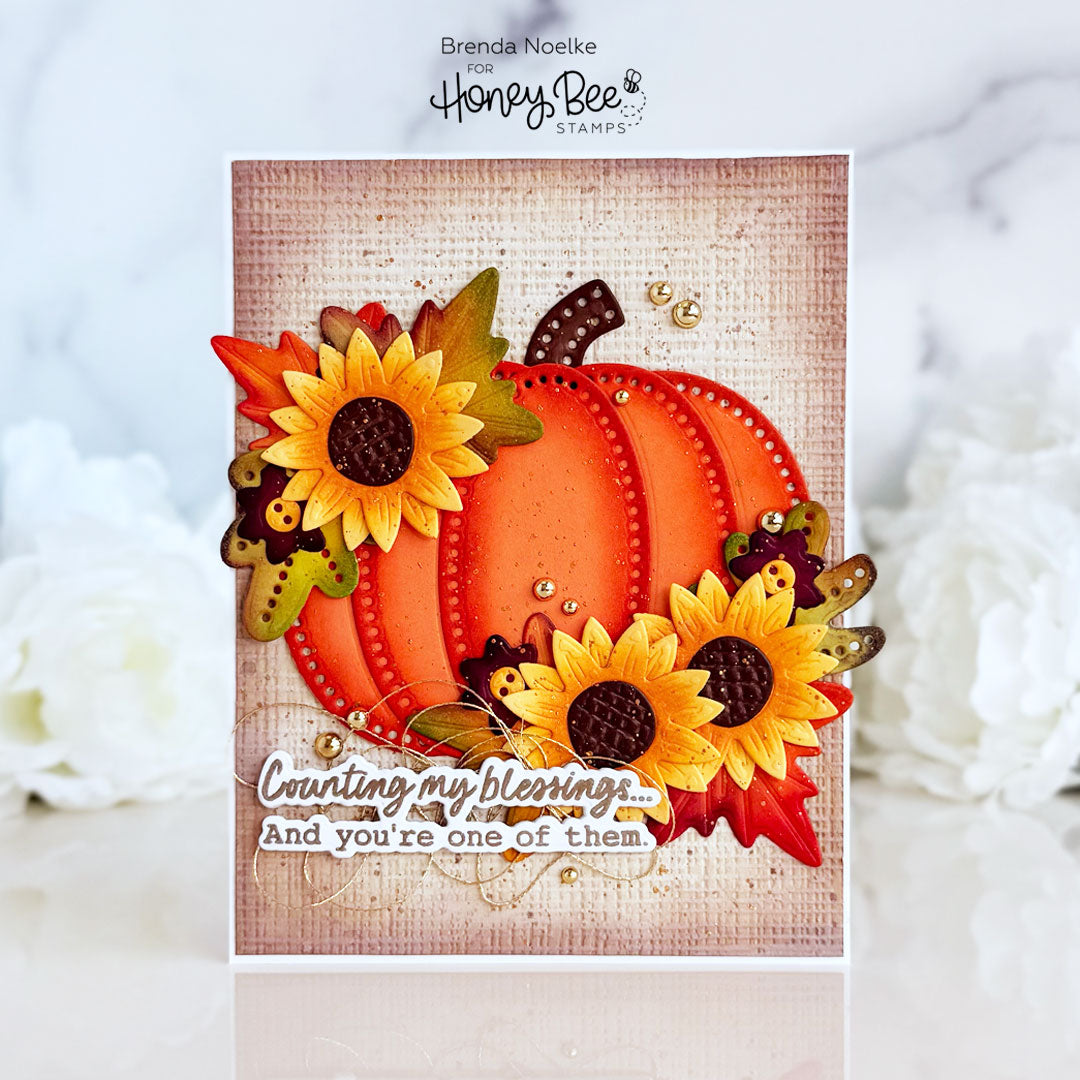 Handmade autumn card with a 3D pumpkin, sunflowers, and 'Counting my blessings' sentiment.