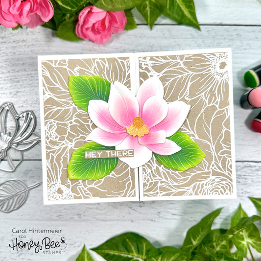 Handmade gatefold card featuring a pink magnolia flower, green leaves, and 'Hey There' sentiment.
