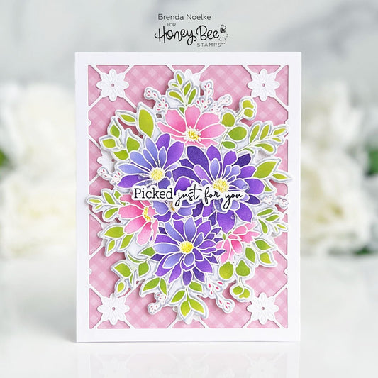 Handmade card featuring a colorful 3D floral bouquet and 'Picked just for you' sentiment.