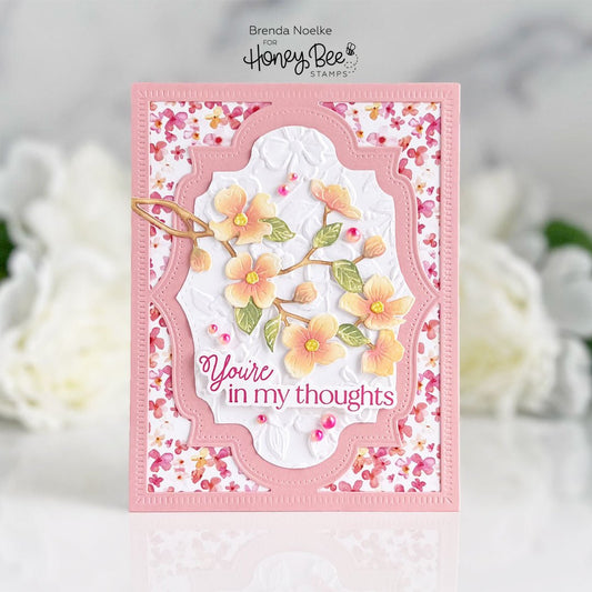 Handmade pink card with Dogwood Blooms floral accents and 'You're in my thoughts' sentiment.