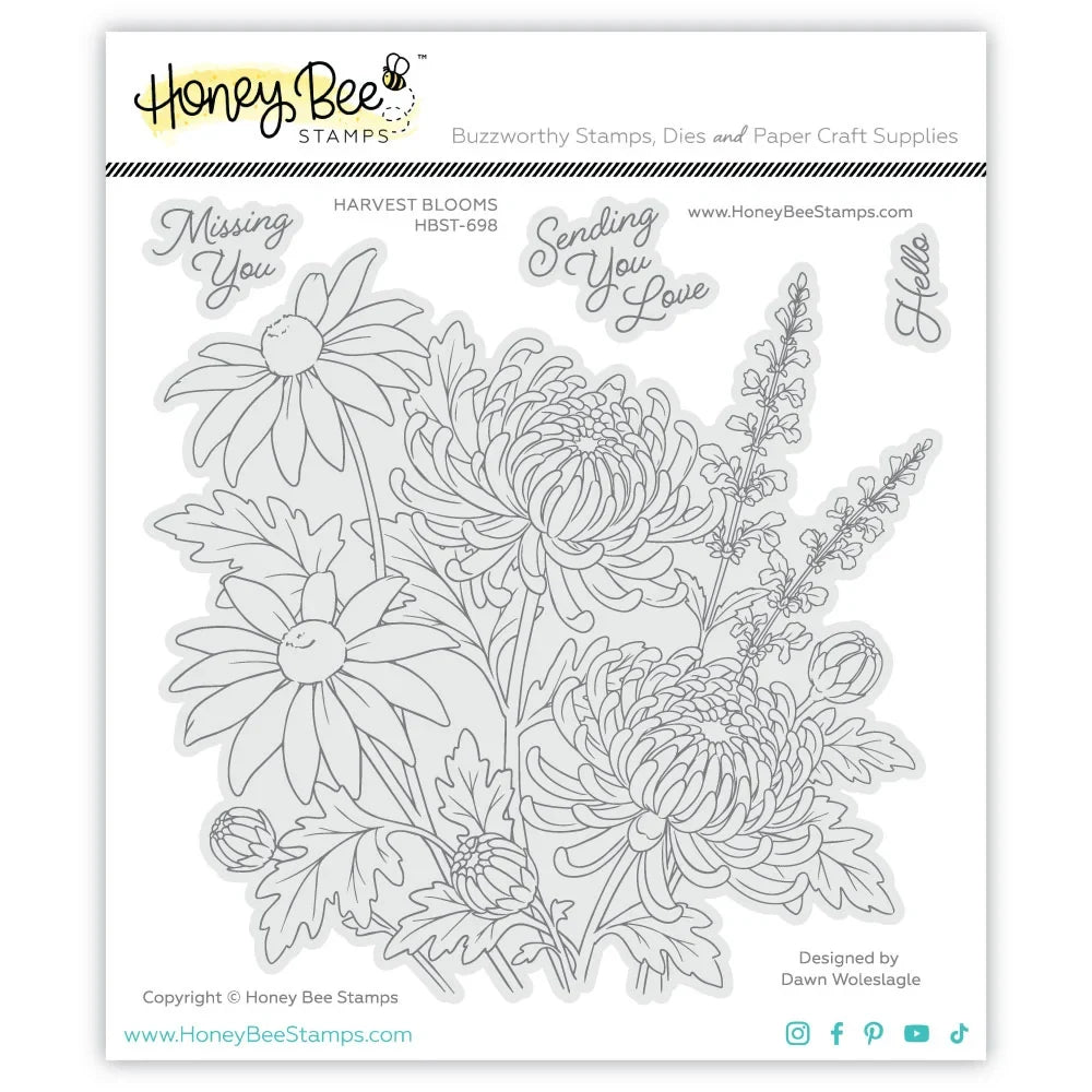 Honey Bee Stamps clear stamp sheet featuring floral line art designs including daisies, chrysanthemums, and wildflowers, with coordinating script phrases such as 'Missing You' and 'Sending You Love' on a white background.