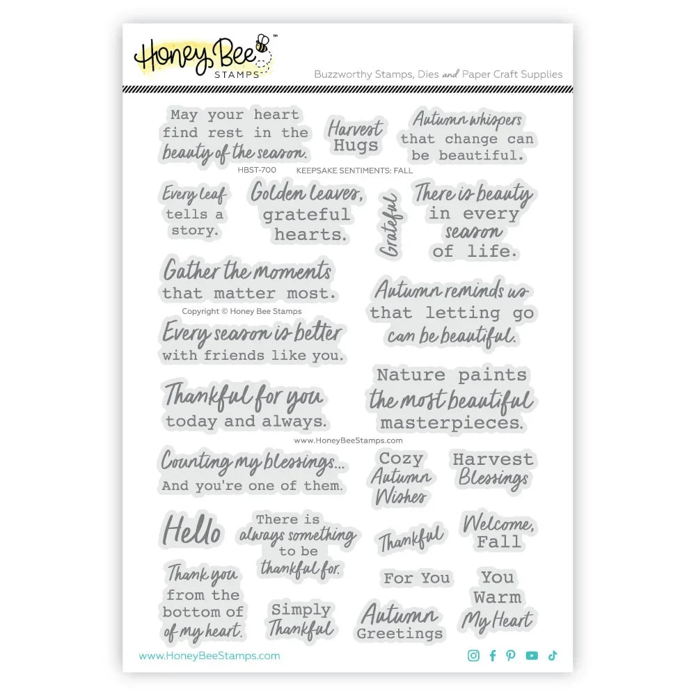 A sheet of clear stamp designs from Honey Bee Stamps called 'Buzzywitty Stamps', featuring various autumn-themed phrases and quotes in gray lettering on a white background.