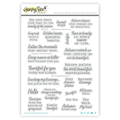 A sheet of clear stamp designs from Honey Bee Stamps called 'Buzzywitty Stamps', featuring various autumn-themed phrases and quotes in gray lettering on a white background.