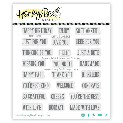 A sheet of Honey Bee Stamps clear labels with various birthday and thank-you phrases, shown on a white background with the Honey Bee Stamps logo at the top.