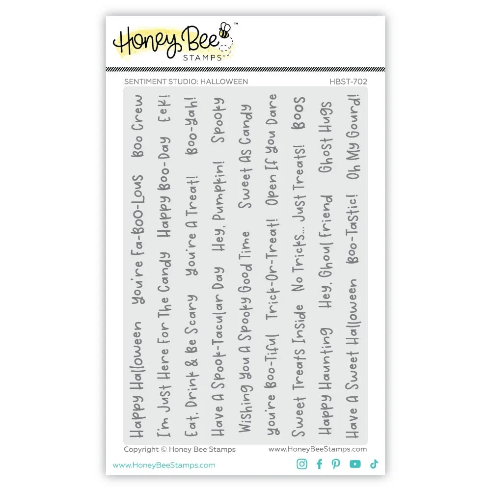 Honey Bee Stamps 'Sentiment Studio' Halloween clear stamp sheet, model HBST-702, featuring various spooky-themed words and phrases printed vertically in black text on a white sheet.