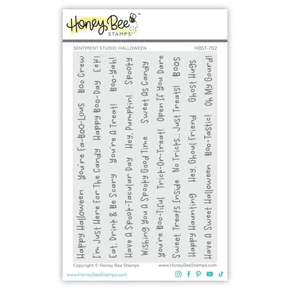 Honey Bee Stamps 'Sentiment Studio' Halloween clear stamp sheet, model HBST-702, featuring various spooky-themed words and phrases printed vertically in black text on a white sheet.