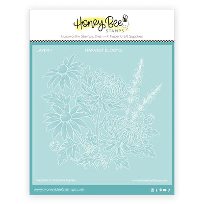 Honey Bee Stamps 'Harvest Blooms' Layer 1 clear stamp sheet, featuring white floral line art on a light blue backing card.