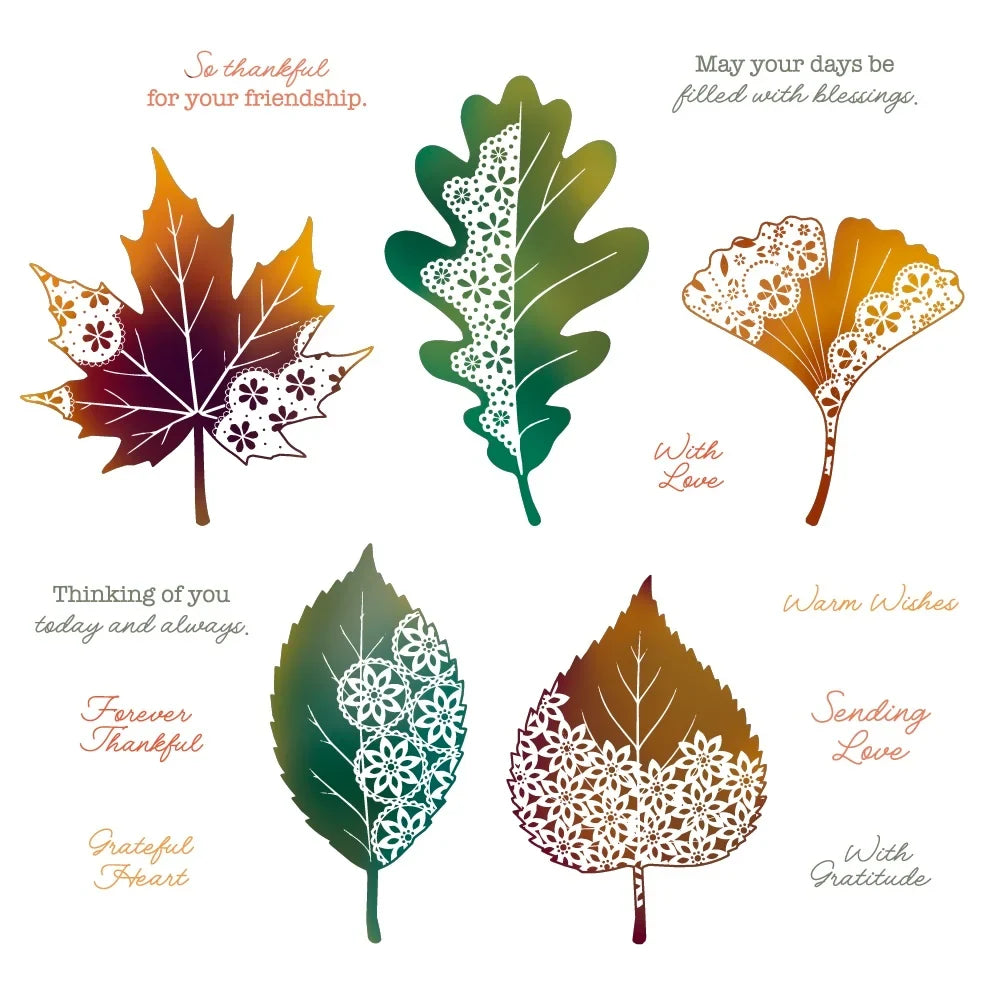 A set of five decorative autumn leaf graphics with layered lace-like cutout patterns and handwritten-style positive phrases on a white background.