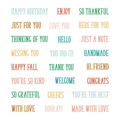 A grid of colorful text phrases on a white background, including birthday, thank you, welcome, congratulations, and friendship greetings in pastel blue, orange, green, and peach tones.