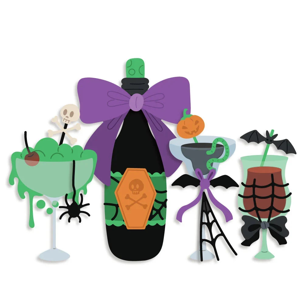 A set of Halloween-themed flat paper cutout decorations on a white background, including a black potion bottle with a purple bow and orange coffin label, a green drink in a glass with a skull and spider, a gray drink with a purple ribbon and green snake, and a brown drink with a black spiderweb and bow.