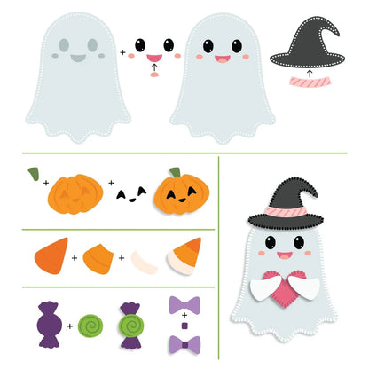 A flat lay of Halloween craft cutout pieces on a white background, including ghost faces, a witch hat, a pumpkin, candy pieces, and bowties, arranged as assembly instructions.