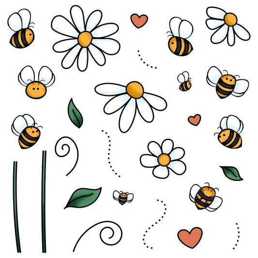 Busy Bees photopolymer stamp set featuring cute bumblebees, daisies, hearts, and leaves.