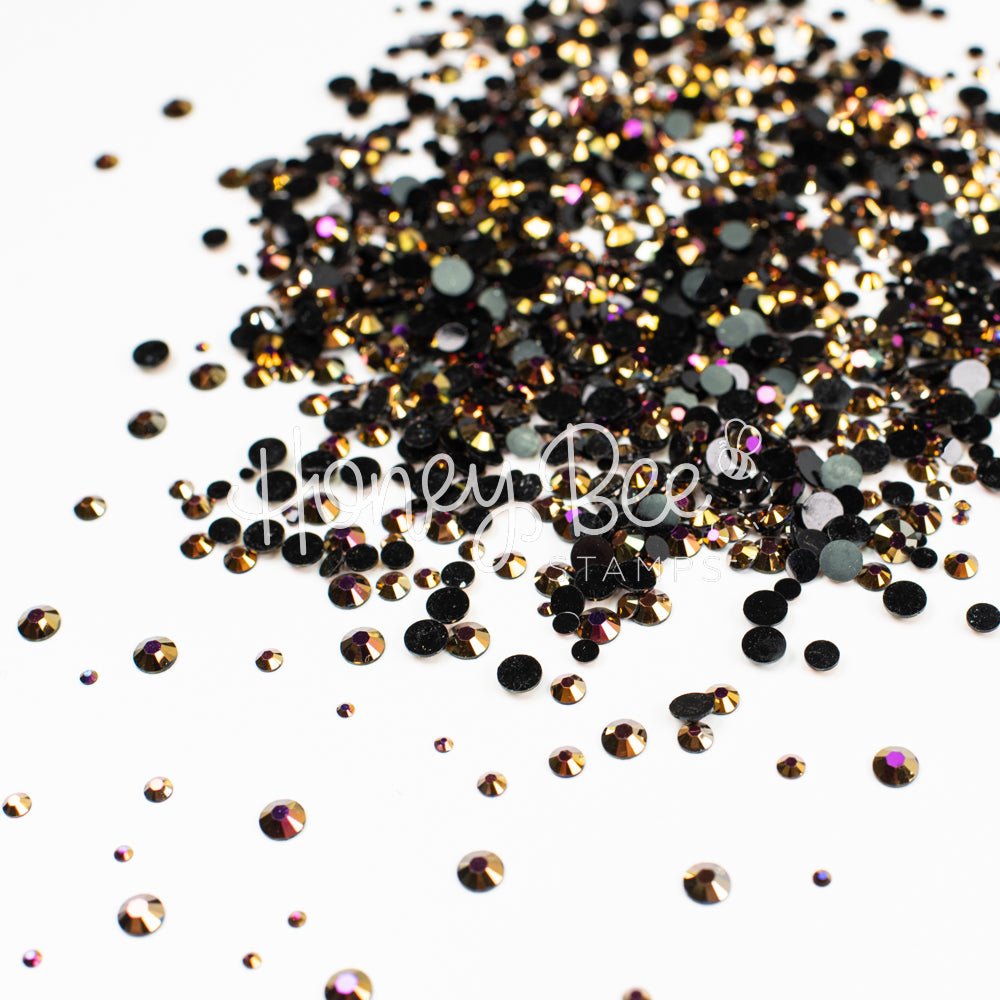 Foundry - Flat Back Rhinestone Purple and Gold Shimmer on Black Mix 2mm to 5mm size - Honey Bee Stamps