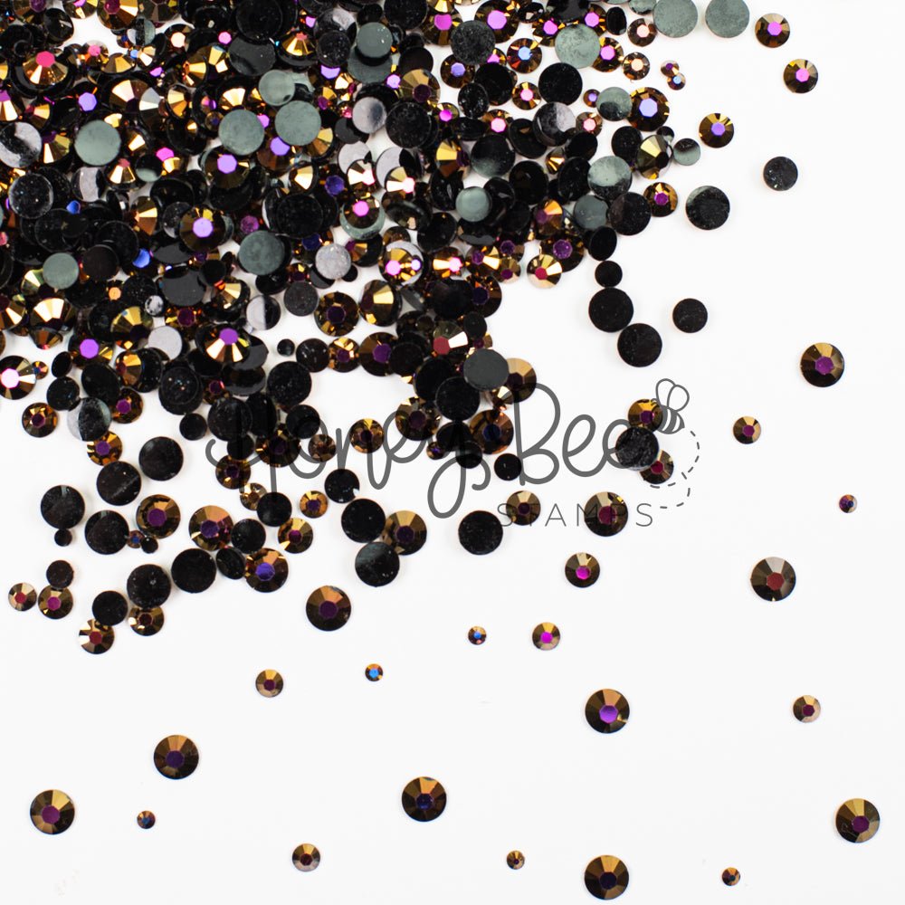 Foundry - Flat Back Rhinestone Purple and Gold Shimmer on Black Mix 2mm to 5mm size - Honey Bee Stamps