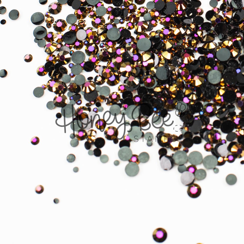 Foundry - Flat Back Rhinestone Purple and Gold Shimmer on Black Mix 2mm to 5mm size - Honey Bee Stamps