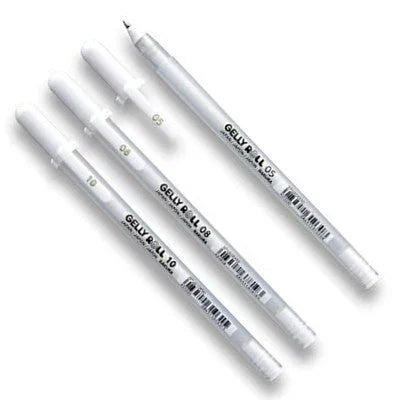 Set of three Sakura Gelly Roll Classic Point White Gel Pens in 05, 08, and 10 sizes.