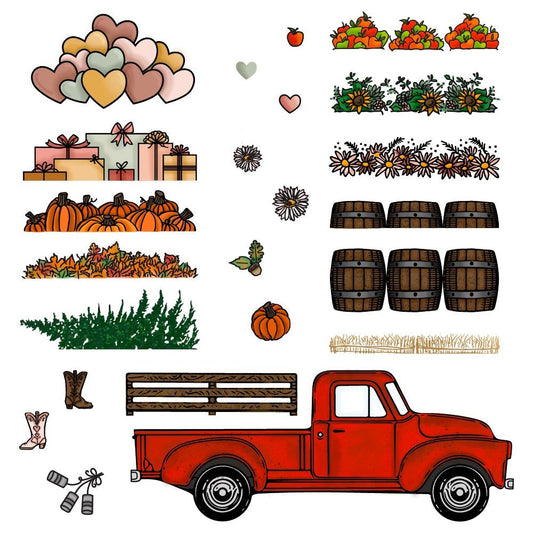 Honey Bee Stamps Little Pickup stamp set featuring a red truck, pumpkins, and autumn elements.