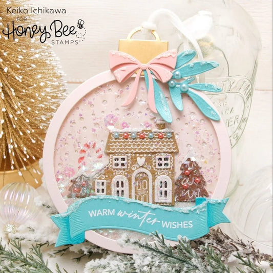 Honey Bee Stamps handmade snow globe shaker ornament with a gingerbread house and winter wishes banner.