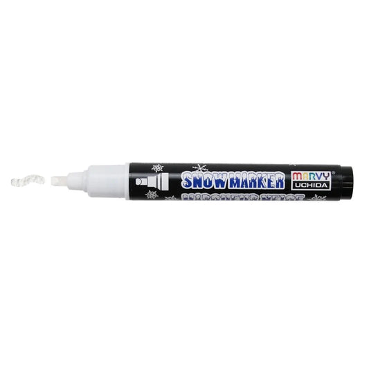 Marvy Uchida Snow Marker 3mm white liquid appliqué pen with a sample of snowy puff ink