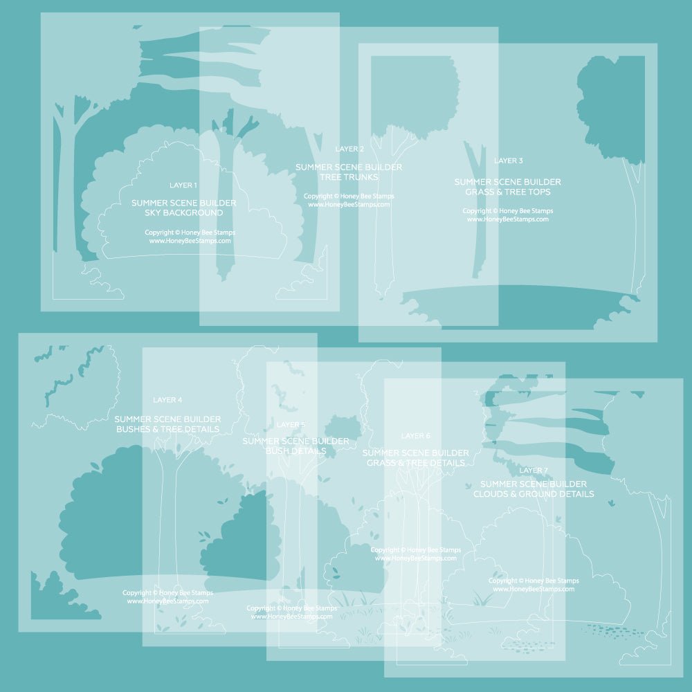 Summer Scene Builder - 6"x6" Stencil Set of 6 Layering Background Stencils - Honey Bee Stamps