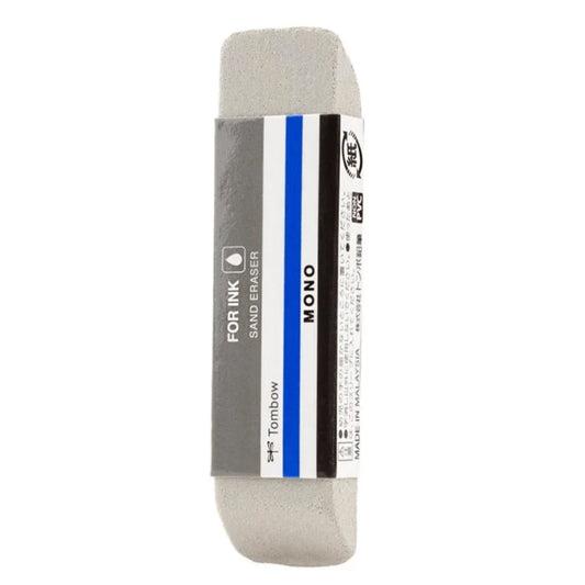 Tombow Mono sand eraser for ink with a blue and white wrapper.