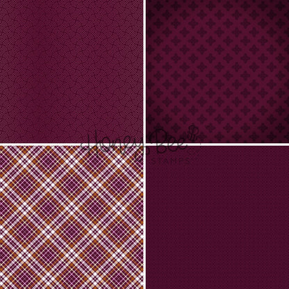 Four square swatches showing burgundy and plum patterned designs: a fine repeating wave motif, a repeating fleur-de-lis pattern, a brown, white, and burgundy plaid, and a solid deep burgundy pattern.