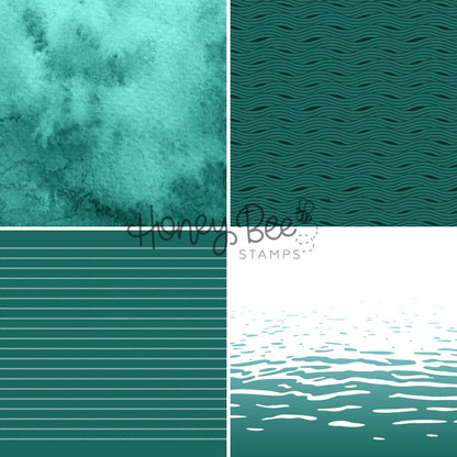 A four-panel teal and white stamp design sheet with watercolor texture, repeating wave pattern, horizontal stripe pattern, and rippling water motif. A central watermark reads Honey Bee Stamps.