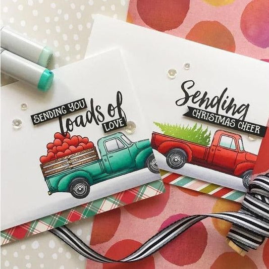 Handmade Honey Bee Stamps cards featuring teal and red pickup trucks with holiday sentiments.
