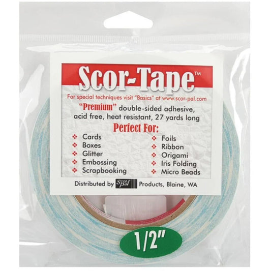 Scor-Tape 1/2 inch wide double-sided adhesive tape for cards and scrapbooking.
